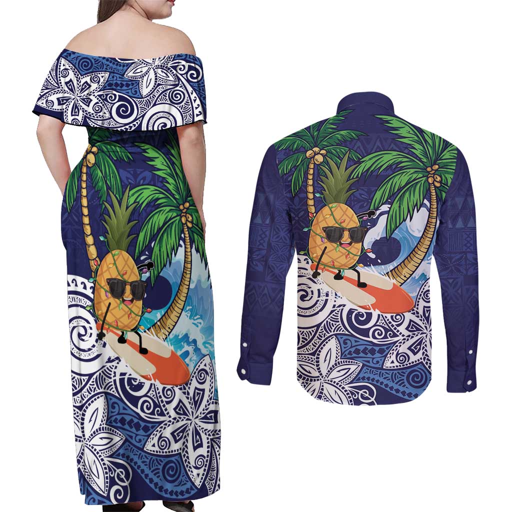 Tropical Christmas Polynesian Couples Matching Off Shoulder Maxi Dress and Long Sleeve Button Shirt Funny Surfing Pineapple Blue LT7 - Polynesian Pride