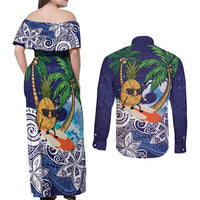Tropical Christmas Polynesian Couples Matching Off Shoulder Maxi Dress and Long Sleeve Button Shirt Funny Surfing Pineapple Blue LT7 - Polynesian Pride