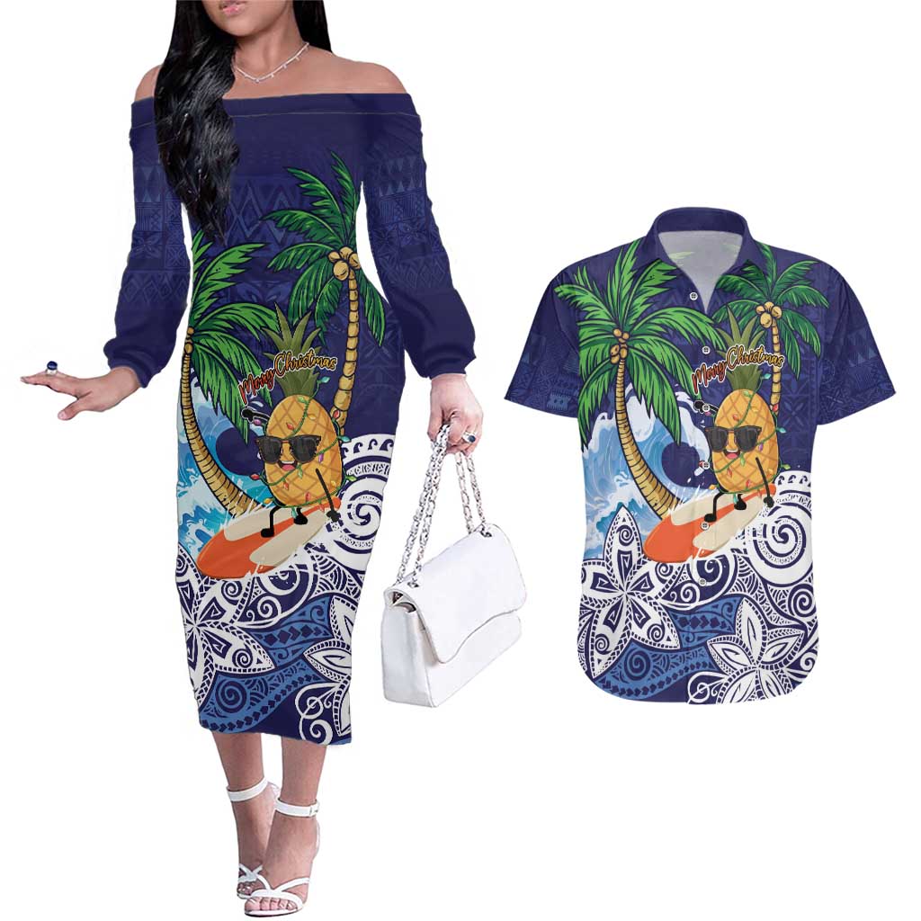 Tropical Christmas Polynesian Couples Matching Off The Shoulder Long Sleeve Dress and Hawaiian Shirt Funny Surfing Pineapple Blue