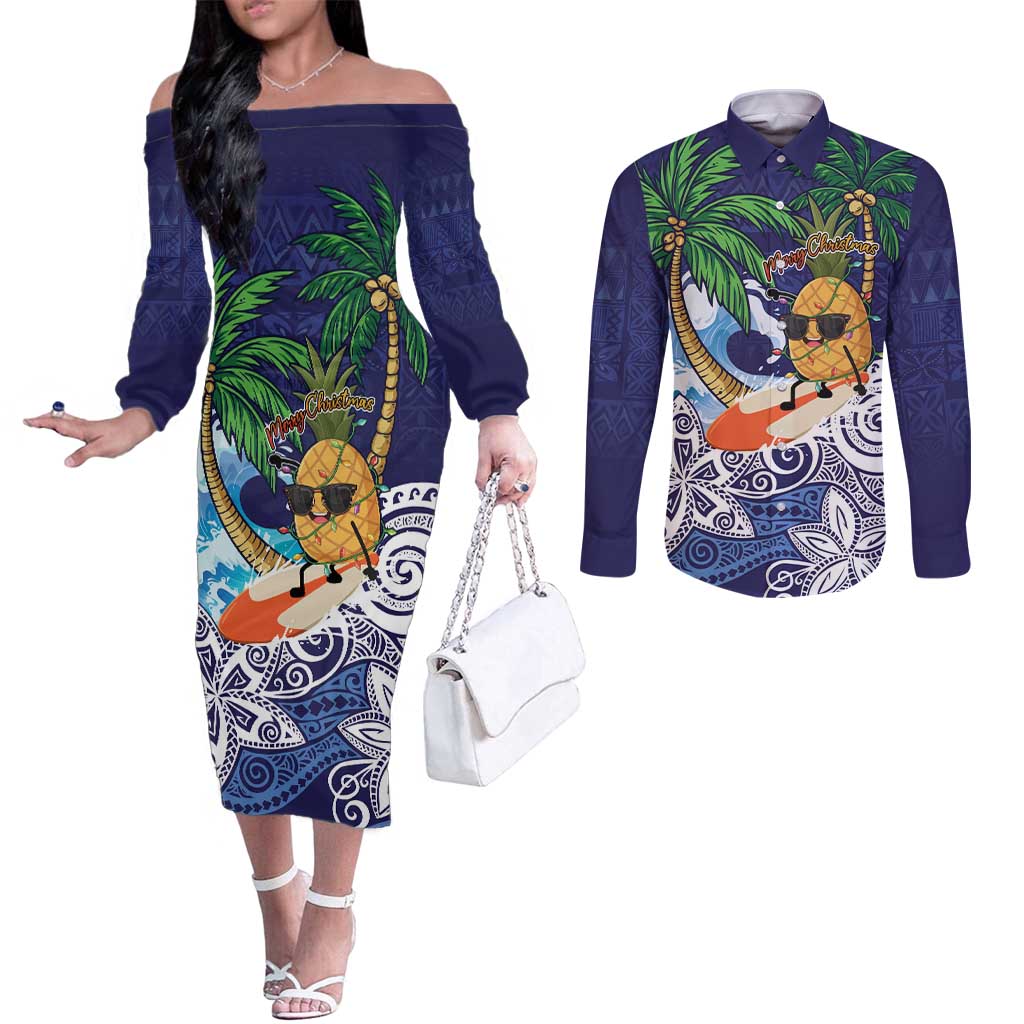 Tropical Christmas Polynesian Couples Matching Off The Shoulder Long Sleeve Dress and Long Sleeve Button Shirt Funny Surfing Pineapple Blue