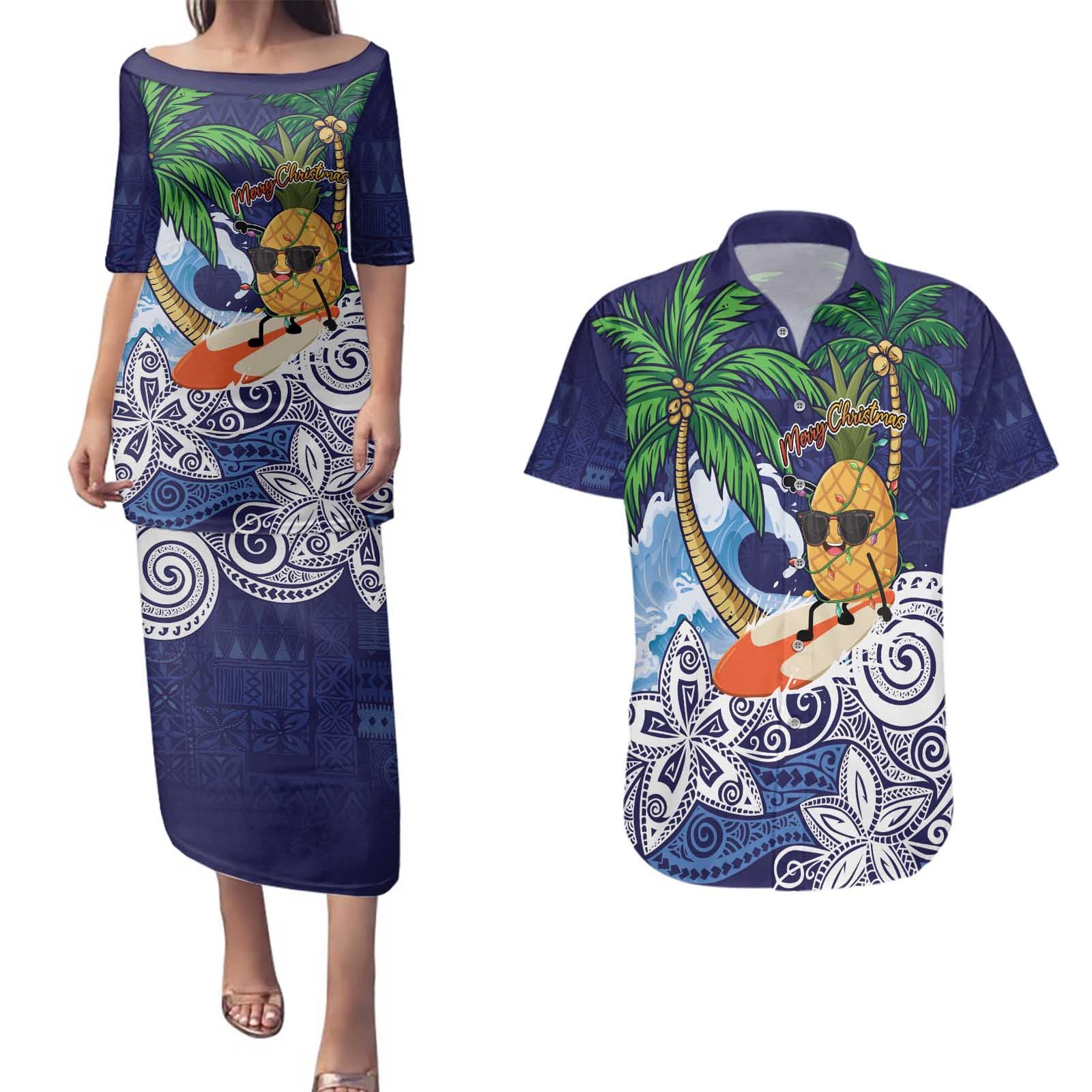 Tropical Christmas Polynesian Couples Matching Puletasi and Hawaiian Shirt Funny Surfing Pineapple Blue LT7 Blue - Polynesian Pride
