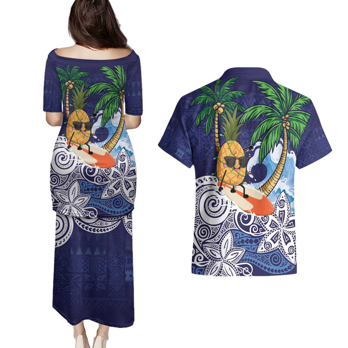 Tropical Christmas Polynesian Couples Matching Puletasi and Hawaiian Shirt Funny Surfing Pineapple Blue LT7 - Polynesian Pride