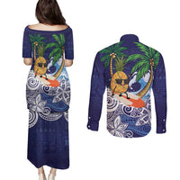 Tropical Christmas Polynesian Couples Matching Puletasi and Long Sleeve Button Shirt Funny Surfing Pineapple Blue LT7 - Polynesian Pride