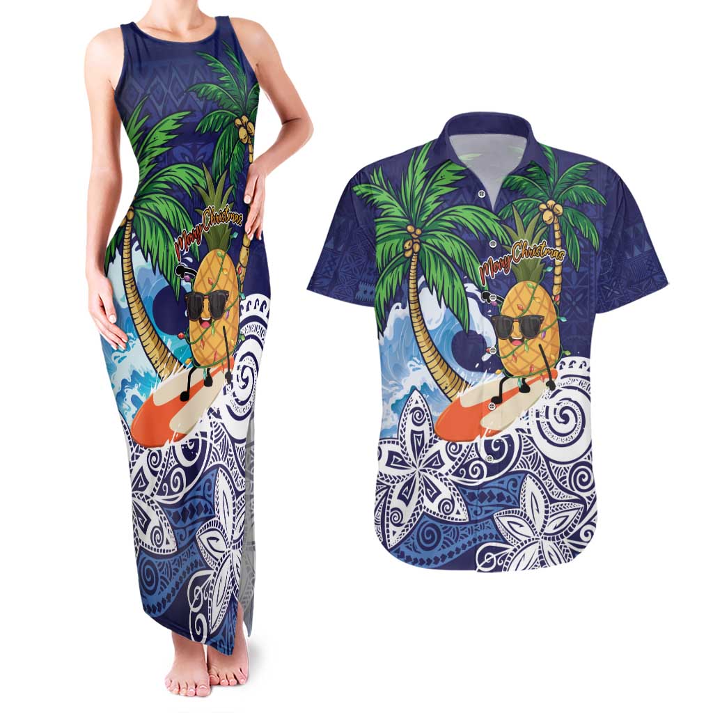 Tropical Christmas Polynesian Couples Matching Tank Maxi Dress and Hawaiian Shirt Funny Surfing Pineapple Blue