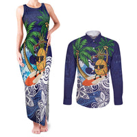 Tropical Christmas Polynesian Couples Matching Tank Maxi Dress and Long Sleeve Button Shirt Funny Surfing Pineapple Blue LT7 Blue - Polynesian Pride