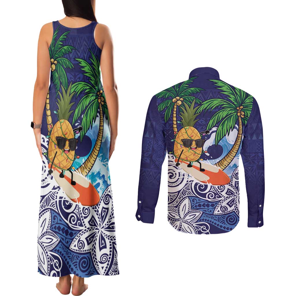 Tropical Christmas Polynesian Couples Matching Tank Maxi Dress and Long Sleeve Button Shirt Funny Surfing Pineapple Blue LT7 - Polynesian Pride