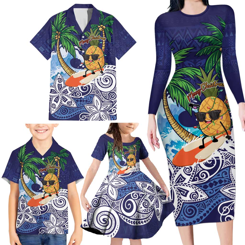 Tropical Christmas Polynesian Family Matching Long Sleeve Bodycon Dress and Hawaiian Shirt Funny Surfing Pineapple Blue