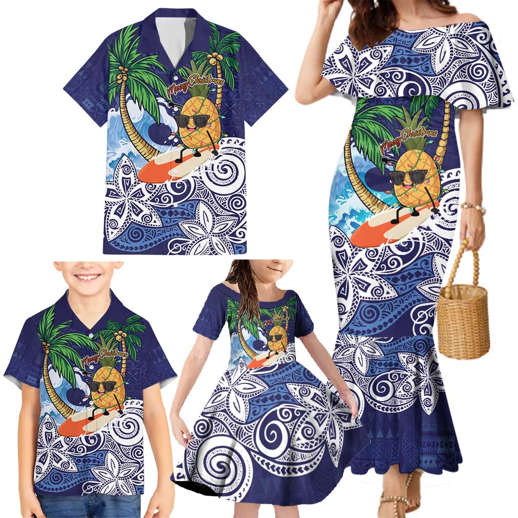 Tropical Christmas Polynesian Family Matching Mermaid Dress and Hawaiian Shirt Funny Surfing Pineapple Blue