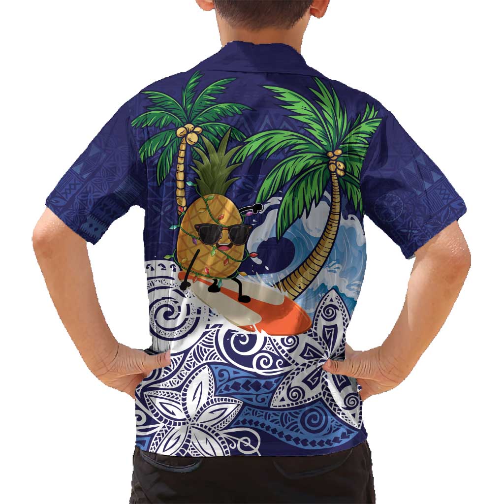 Tropical Christmas Polynesian Family Matching Off Shoulder Short Dress and Hawaiian Shirt Funny Surfing Pineapple Blue