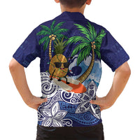 Tropical Christmas Polynesian Family Matching Off Shoulder Short Dress and Hawaiian Shirt Funny Surfing Pineapple Blue