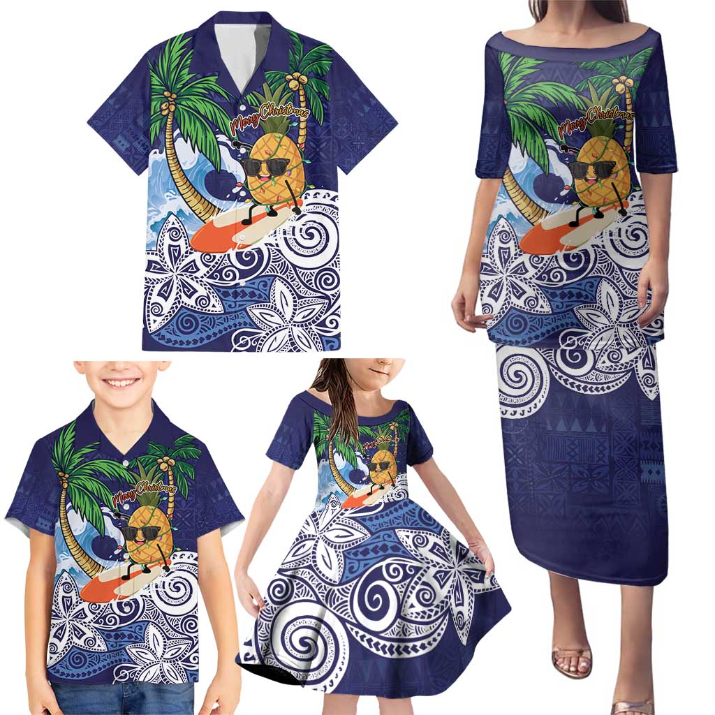 Tropical Christmas Polynesian Family Matching Puletasi and Hawaiian Shirt Funny Surfing Pineapple Blue