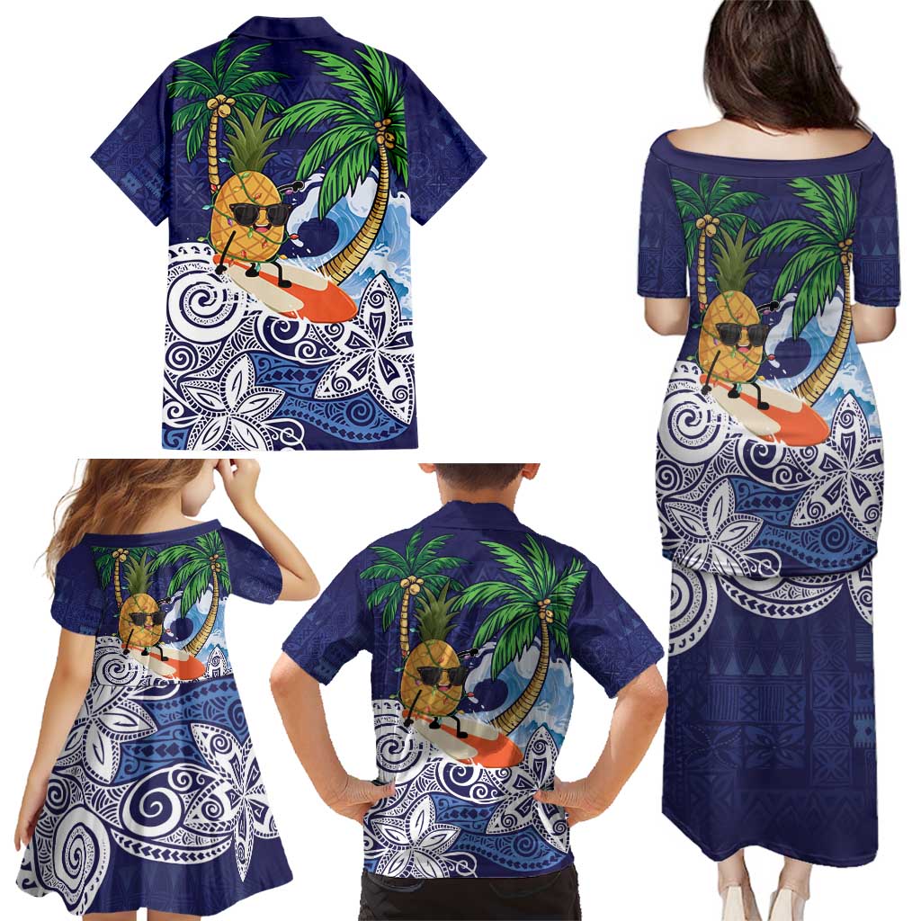 Tropical Christmas Polynesian Family Matching Puletasi and Hawaiian Shirt Funny Surfing Pineapple Blue