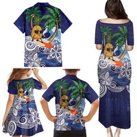 Tropical Christmas Polynesian Family Matching Puletasi and Hawaiian Shirt Funny Surfing Pineapple Blue