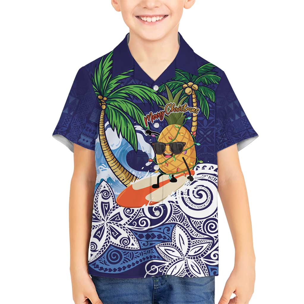 Tropical Christmas Polynesian Family Matching Puletasi and Hawaiian Shirt Funny Surfing Pineapple Blue