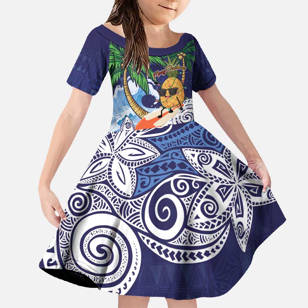 Tropical Christmas Polynesian Family Matching Summer Maxi Dress and Hawaiian Shirt Funny Surfing Pineapple Blue LT7 Daughter's Dress Blue - Polynesian Pride