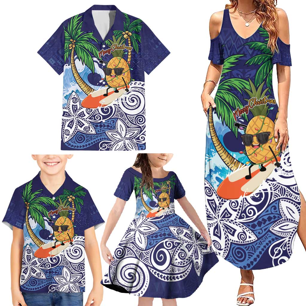 Tropical Christmas Polynesian Family Matching Summer Maxi Dress and Hawaiian Shirt Funny Surfing Pineapple Blue LT7 - Polynesian Pride