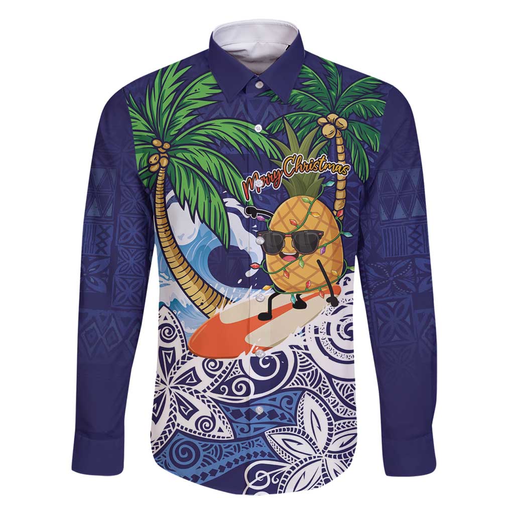 Tropical Christmas Polynesian Family Matching Summer Maxi Dress and Hawaiian Shirt Funny Surfing Pineapple Blue LT7 Dad's Shirt - Long Sleeve Blue - Polynesian Pride