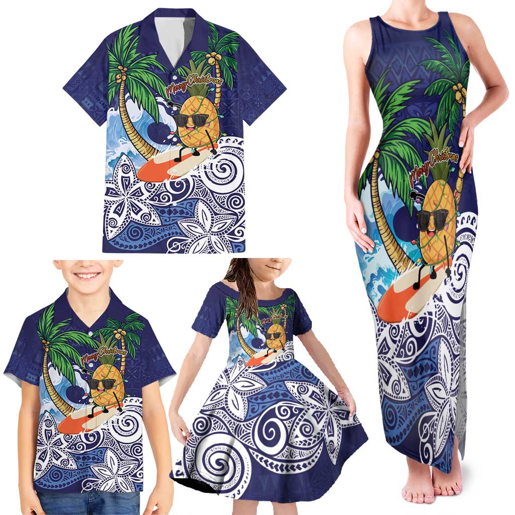 Tropical Christmas Polynesian Family Matching Tank Maxi Dress and Hawaiian Shirt Funny Surfing Pineapple Blue