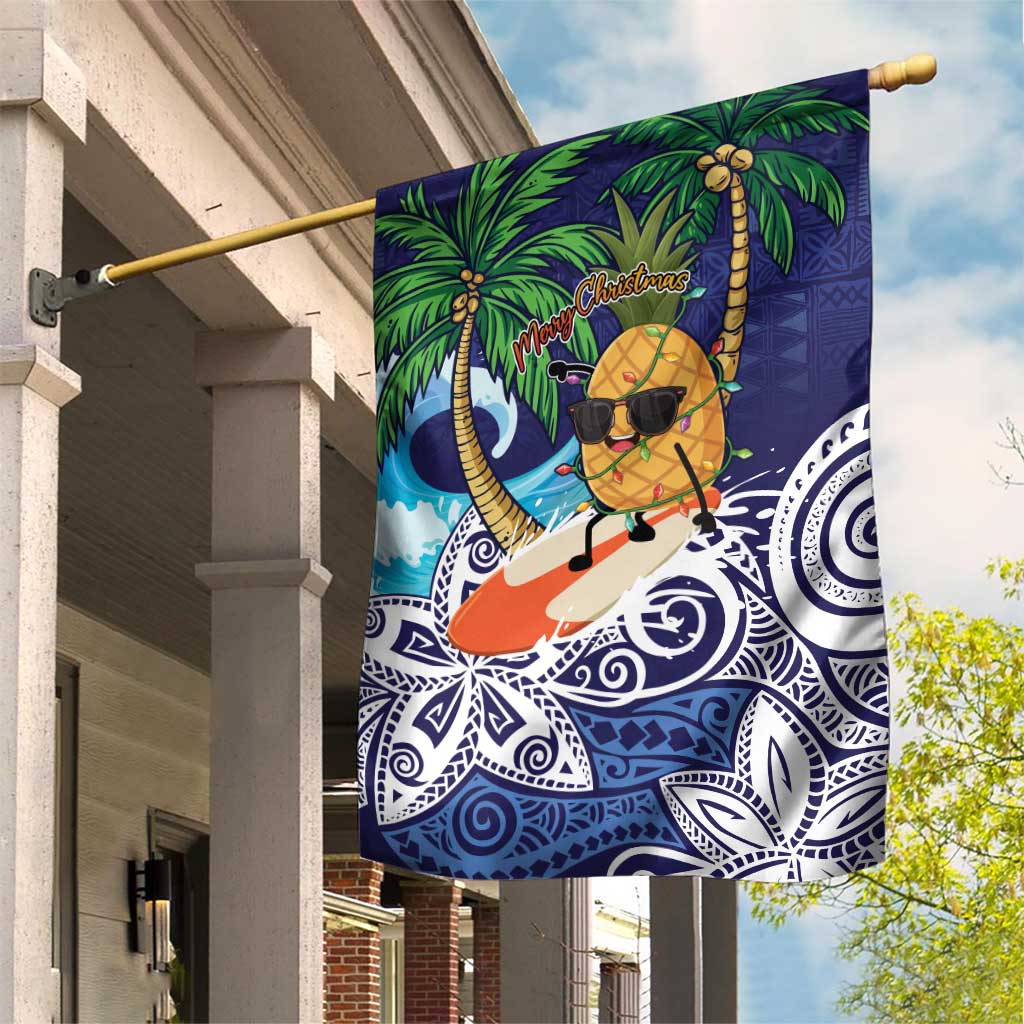 Tropical Christmas Polynesian Garden Flag Funny Surfing Pineapple Blue