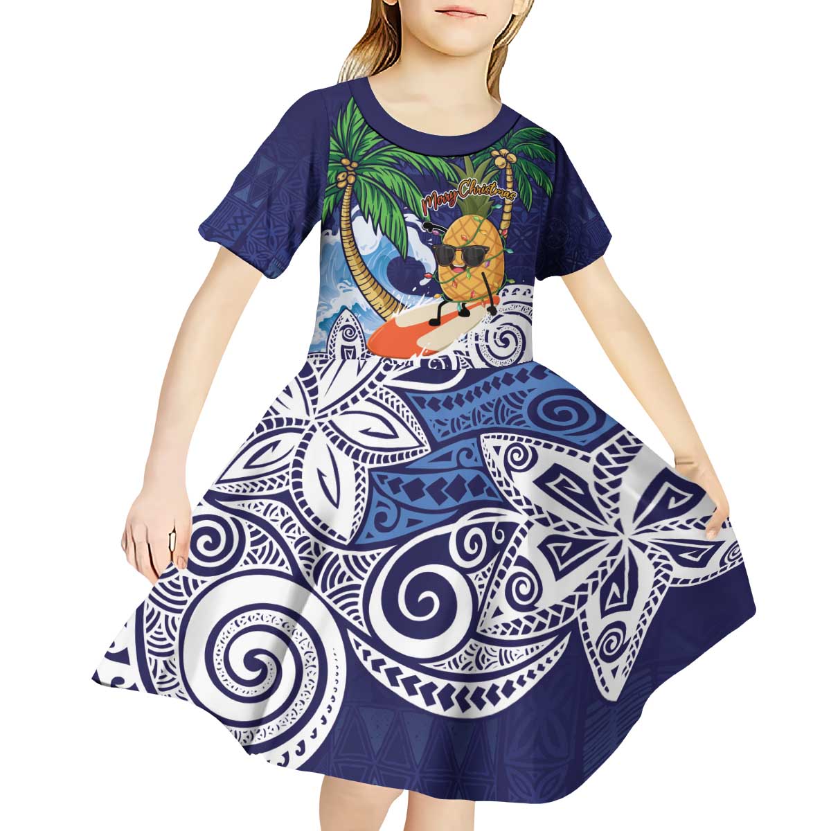 Tropical Christmas Polynesian Kid Short Sleeve Dress Funny Surfing Pineapple Blue