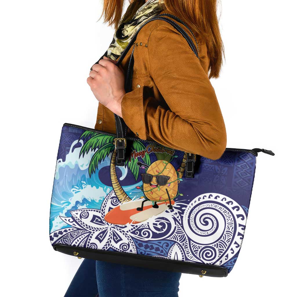 Tropical Christmas Polynesian Leather Tote Bag Funny Surfing Pineapple Blue