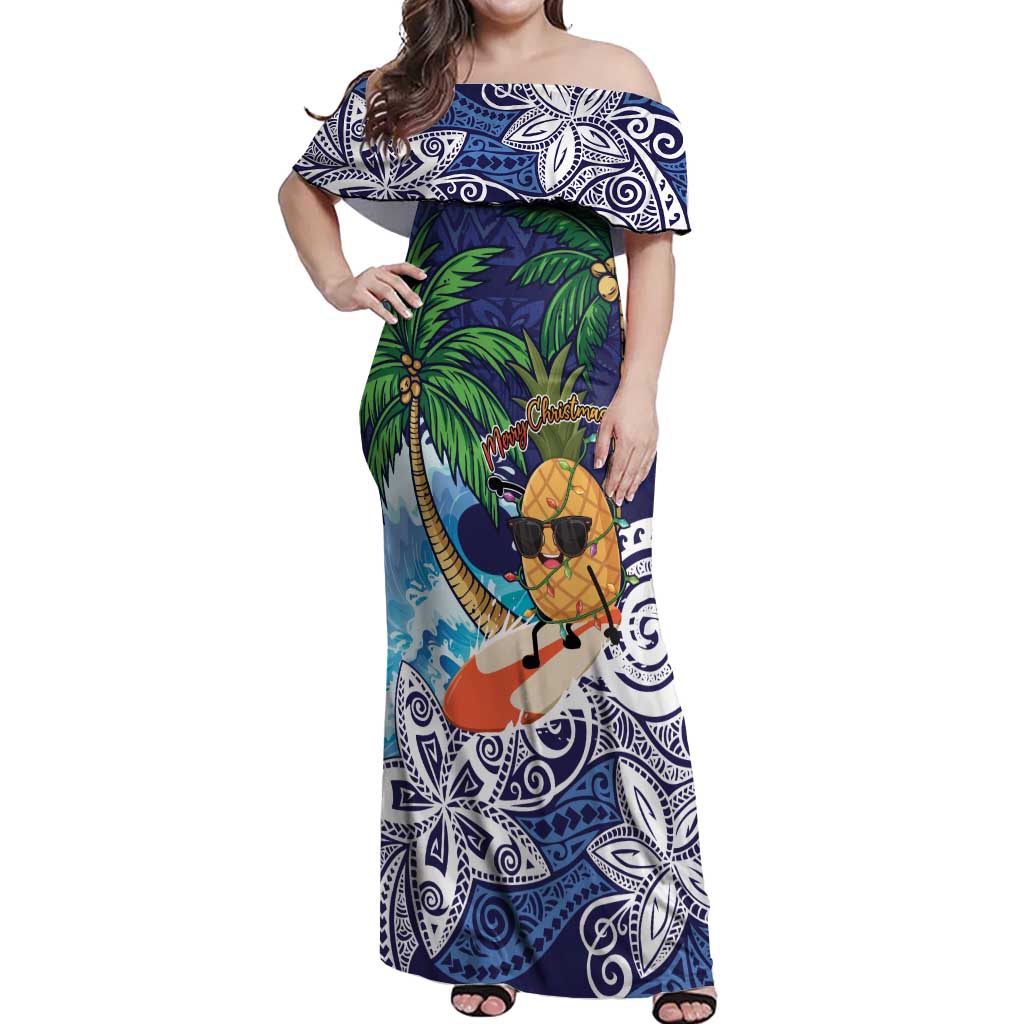 Tropical Christmas Polynesian Off Shoulder Maxi Dress Funny Surfing Pineapple Blue LT7 Women Blue - Polynesian Pride