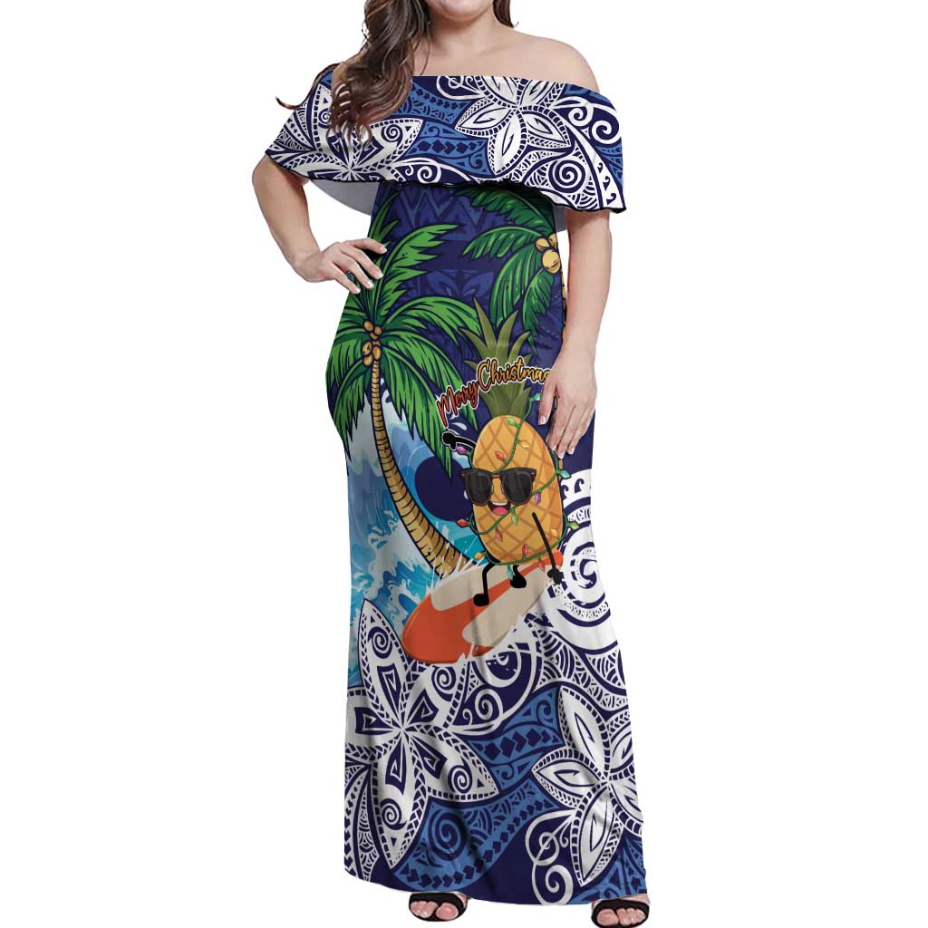 Tropical Christmas Polynesian Off Shoulder Maxi Dress Funny Surfing Pineapple Blue