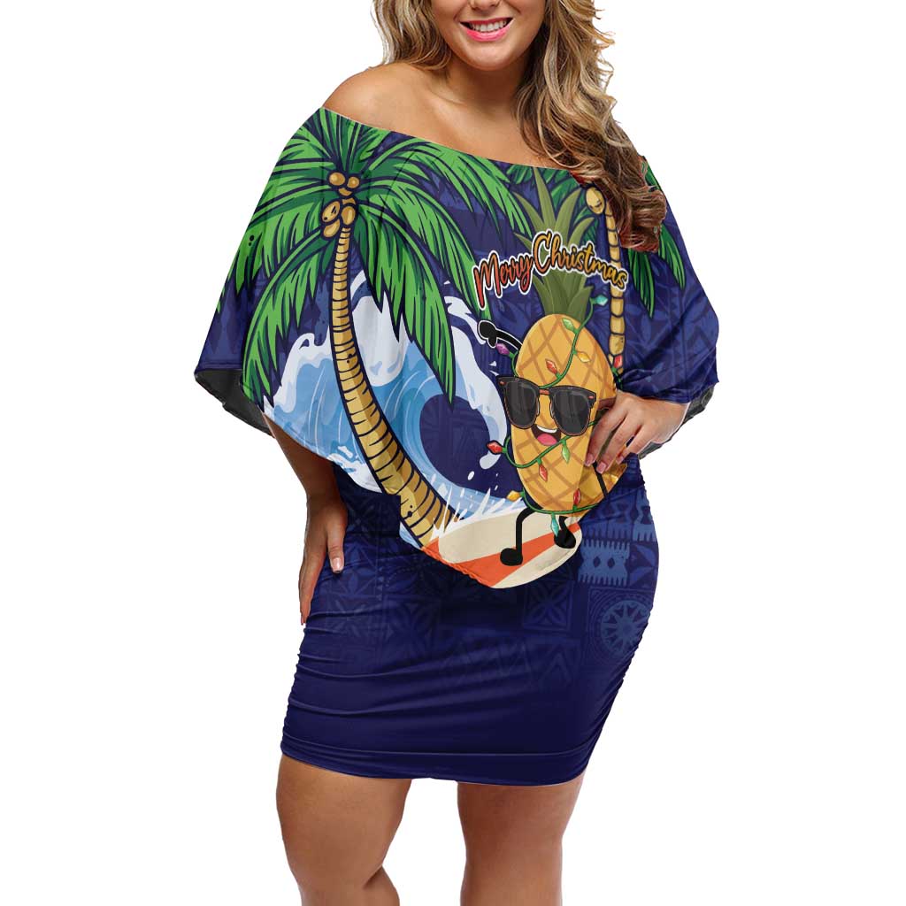 Tropical Christmas Polynesian Off Shoulder Short Dress Funny Surfing Pineapple Blue LT7 Women Blue - Polynesian Pride