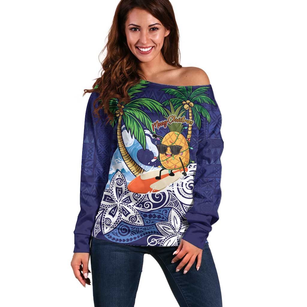 Tropical Christmas Polynesian Off Shoulder Sweater Funny Surfing Pineapple Blue