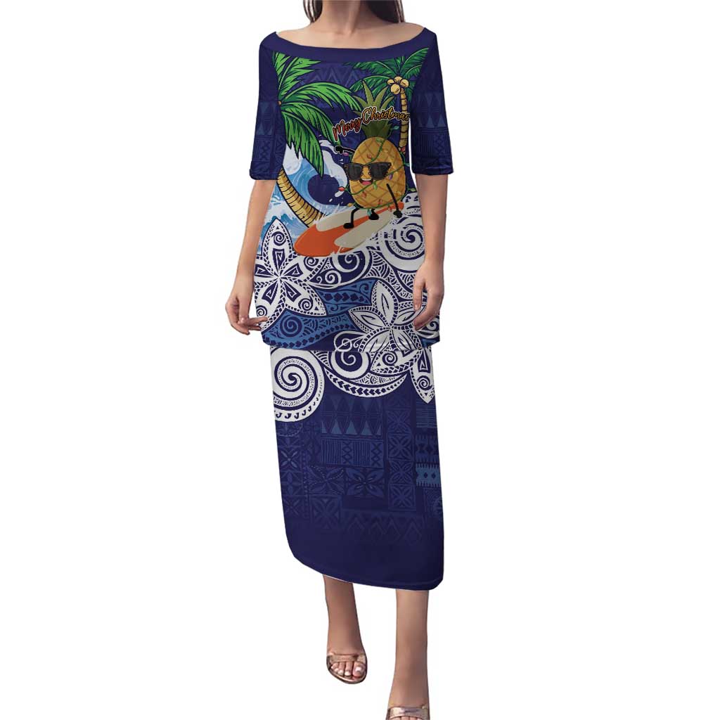 Tropical Christmas Polynesian Puletasi Funny Surfing Pineapple Blue LT7 Long Dress Blue - Polynesian Pride