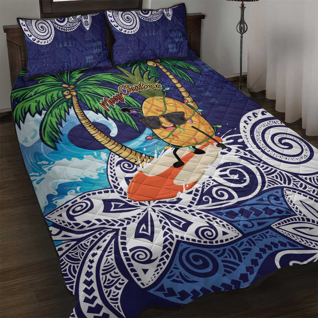 Tropical Christmas Polynesian Quilt Bed Set Funny Surfing Pineapple Blue LT7 Blue - Polynesian Pride