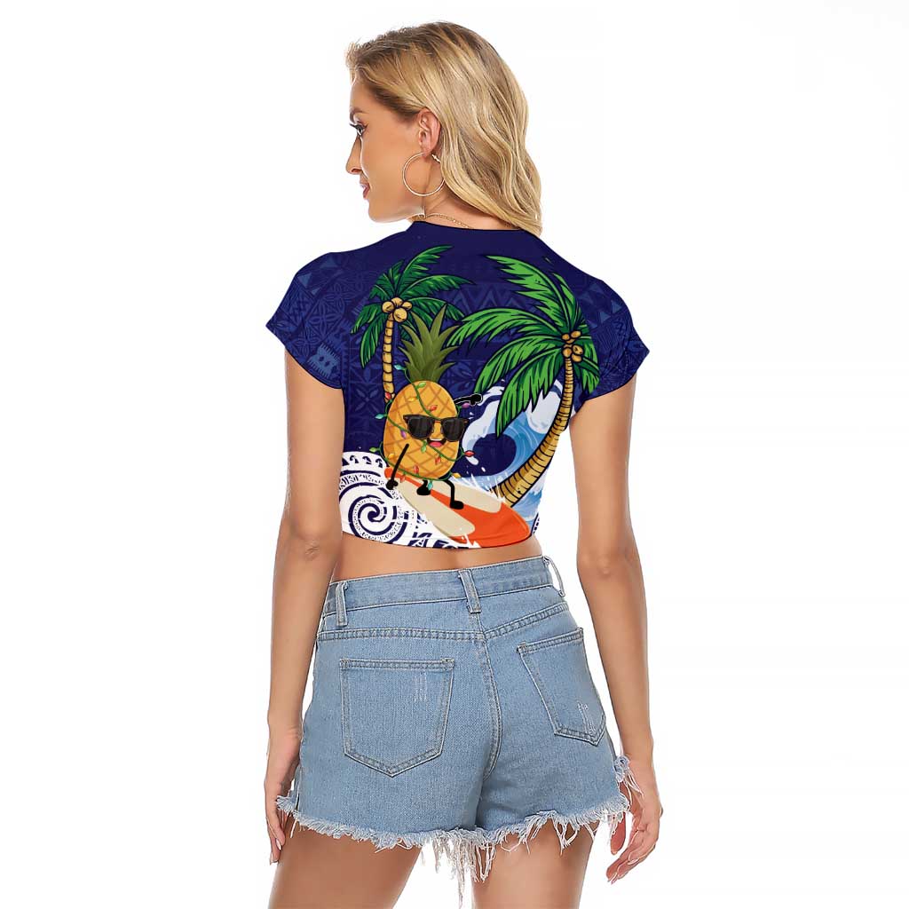Tropical Christmas Polynesian Raglan Cropped T Shirt Funny Surfing Pineapple Blue LT7 - Polynesian Pride