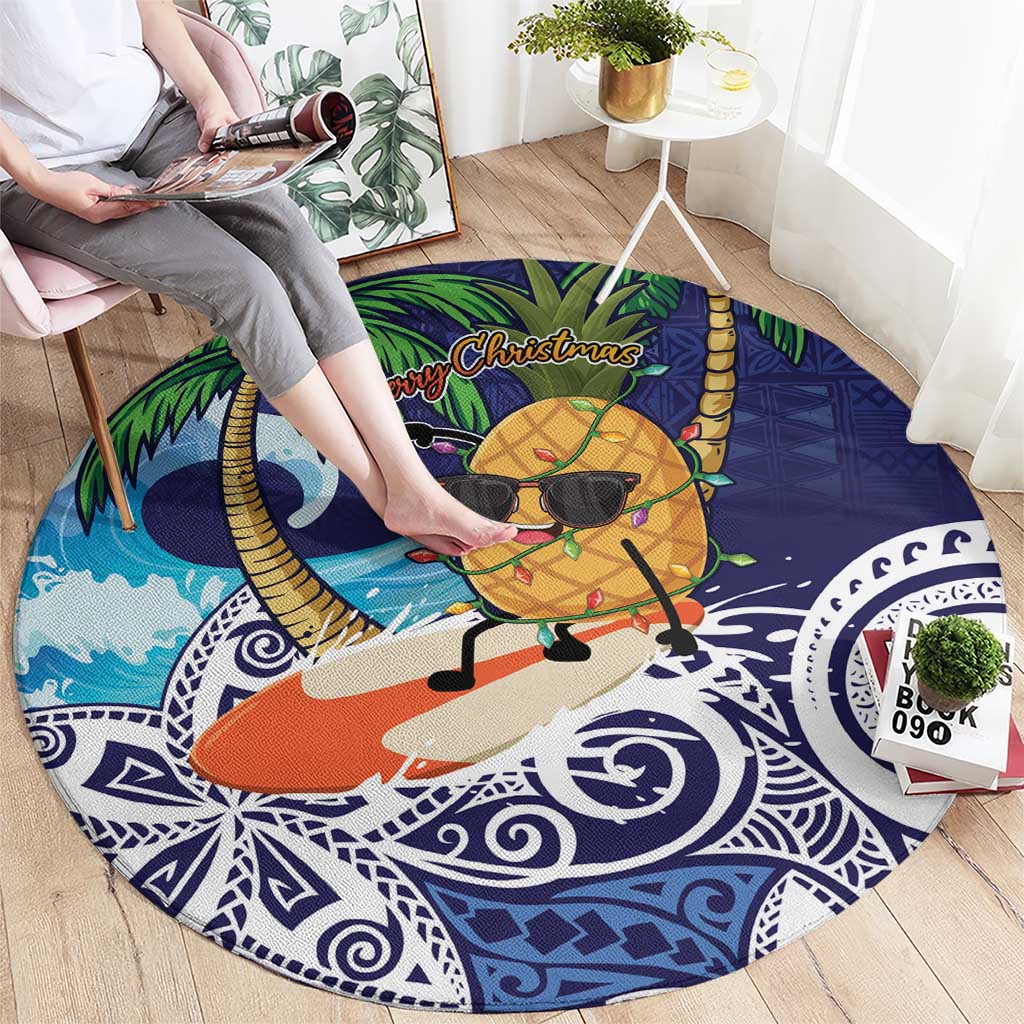 Tropical Christmas Polynesian Round Carpet Funny Surfing Pineapple Blue