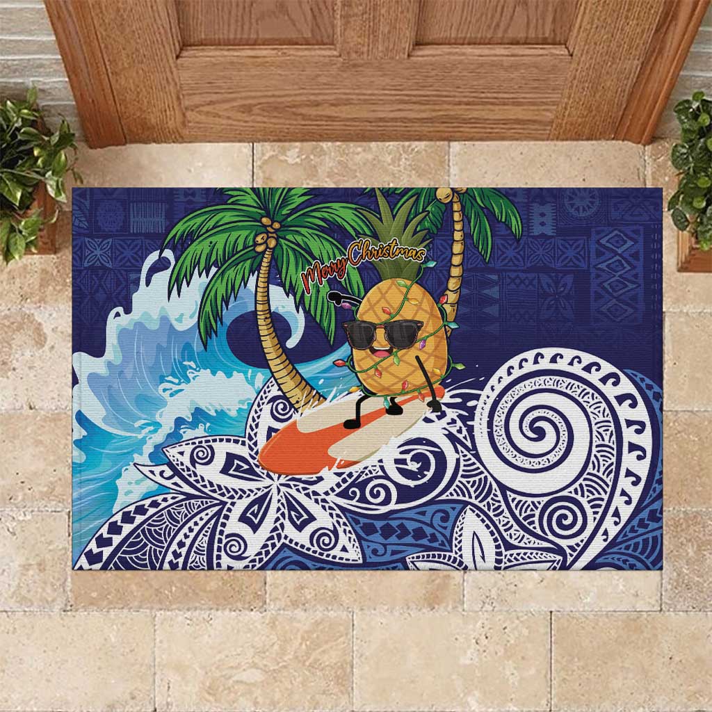 Tropical Christmas Polynesian Rubber Doormat Funny Surfing Pineapple Blue