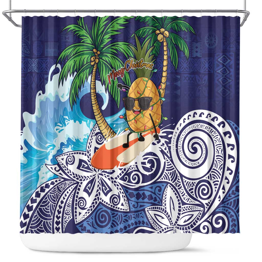 Tropical Christmas Polynesian Shower Curtain Funny Surfing Pineapple Blue