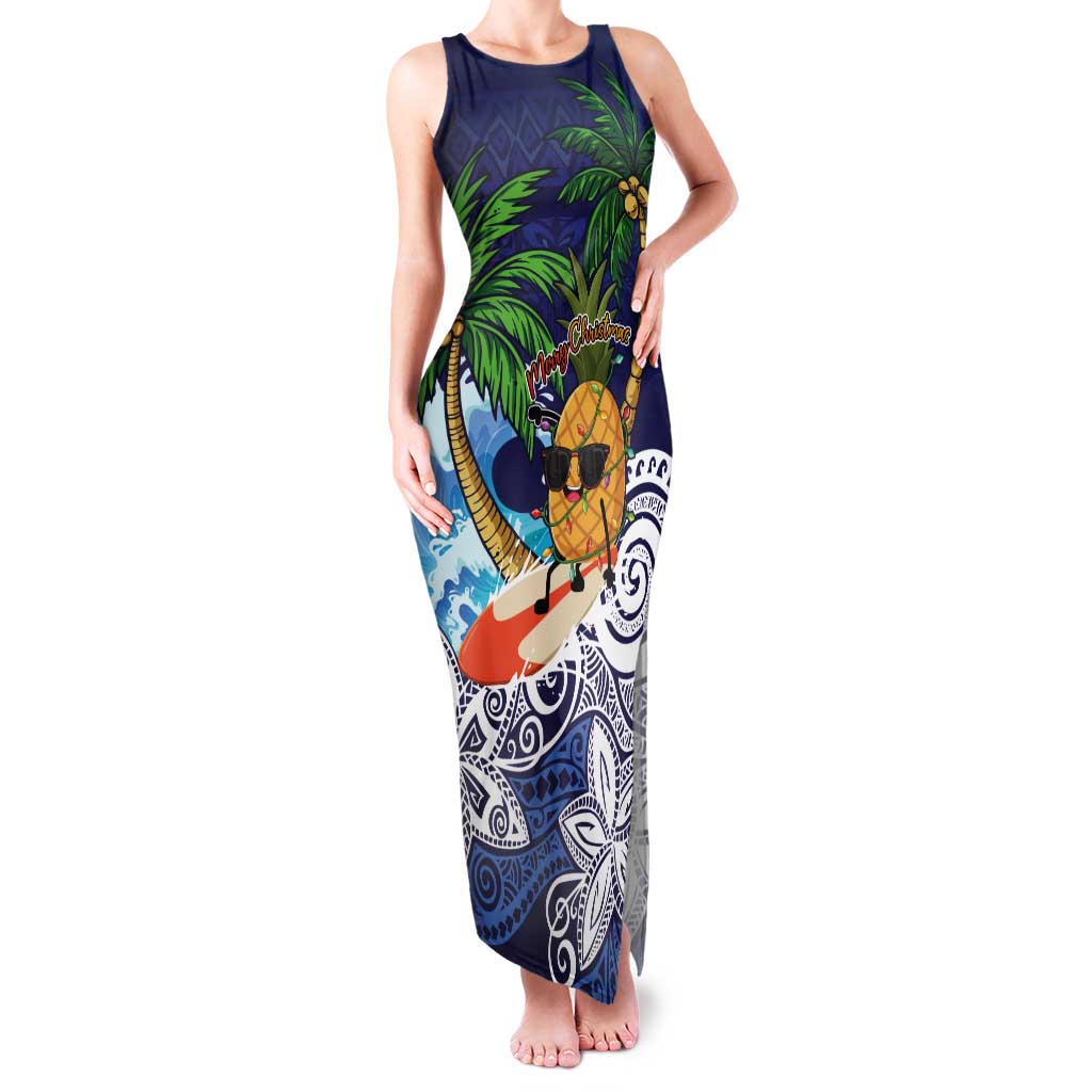 Tropical Christmas Polynesian Tank Maxi Dress Funny Surfing Pineapple Blue LT7 Women Blue - Polynesian Pride