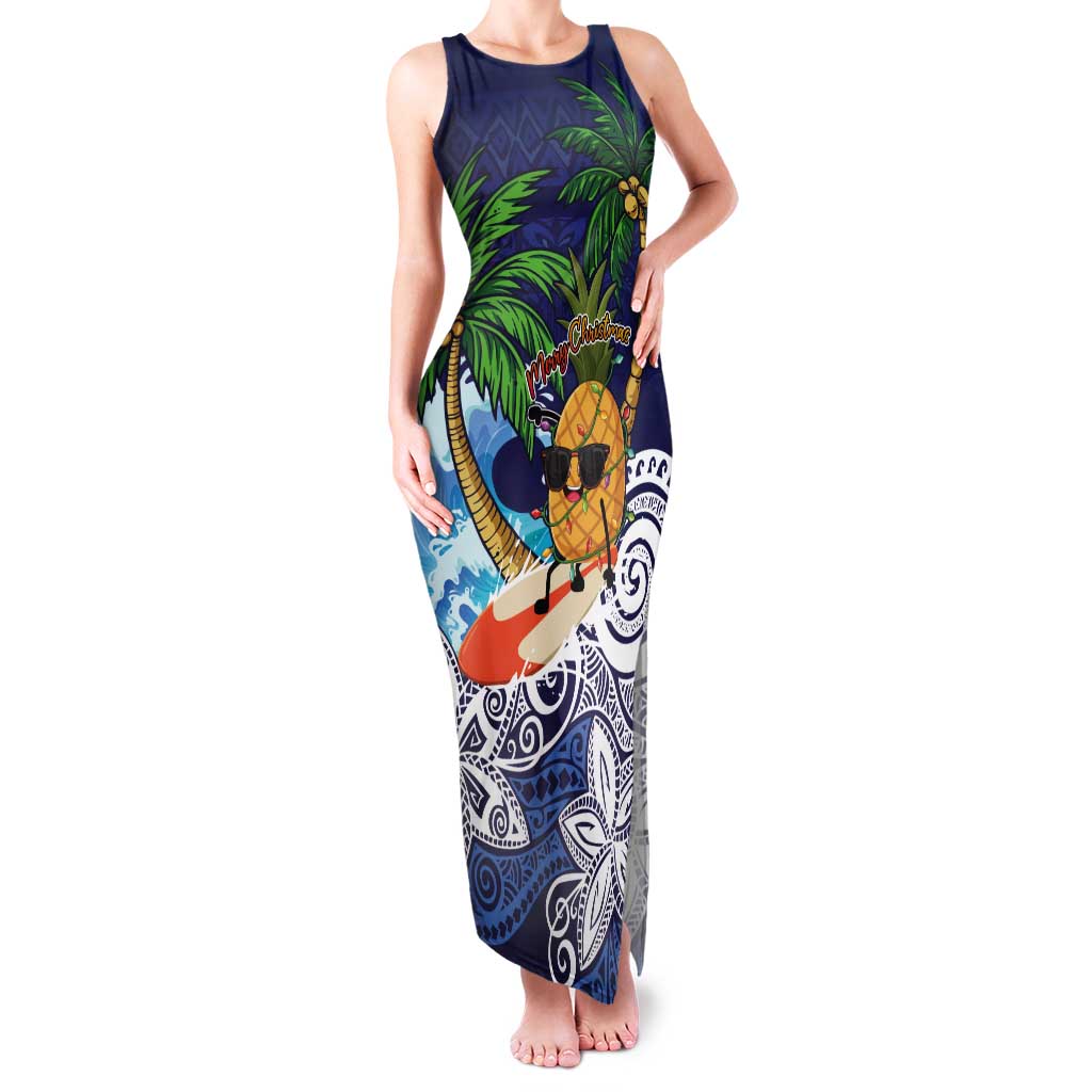 Tropical Christmas Polynesian Tank Maxi Dress Funny Surfing Pineapple Blue