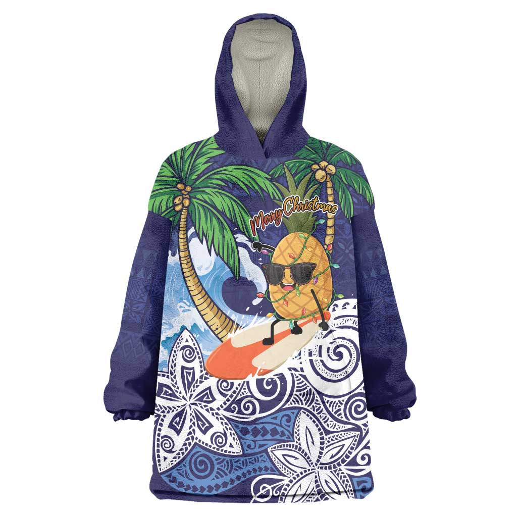 Tropical Christmas Polynesian Wearable Blanket Hoodie Funny Surfing Pineapple Blue