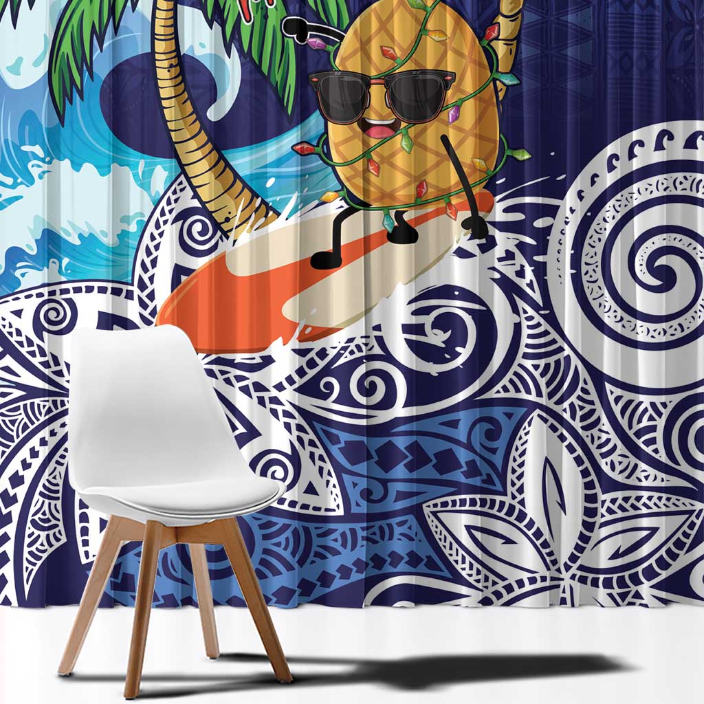 Tropical Christmas Polynesian Window Curtain Funny Surfing Pineapple Blue LT7 - Polynesian Pride
