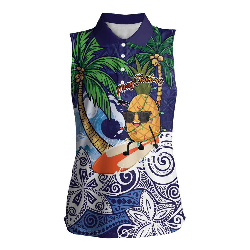 Tropical Christmas Polynesian Women Sleeveless Polo Shirt Funny Surfing Pineapple Blue