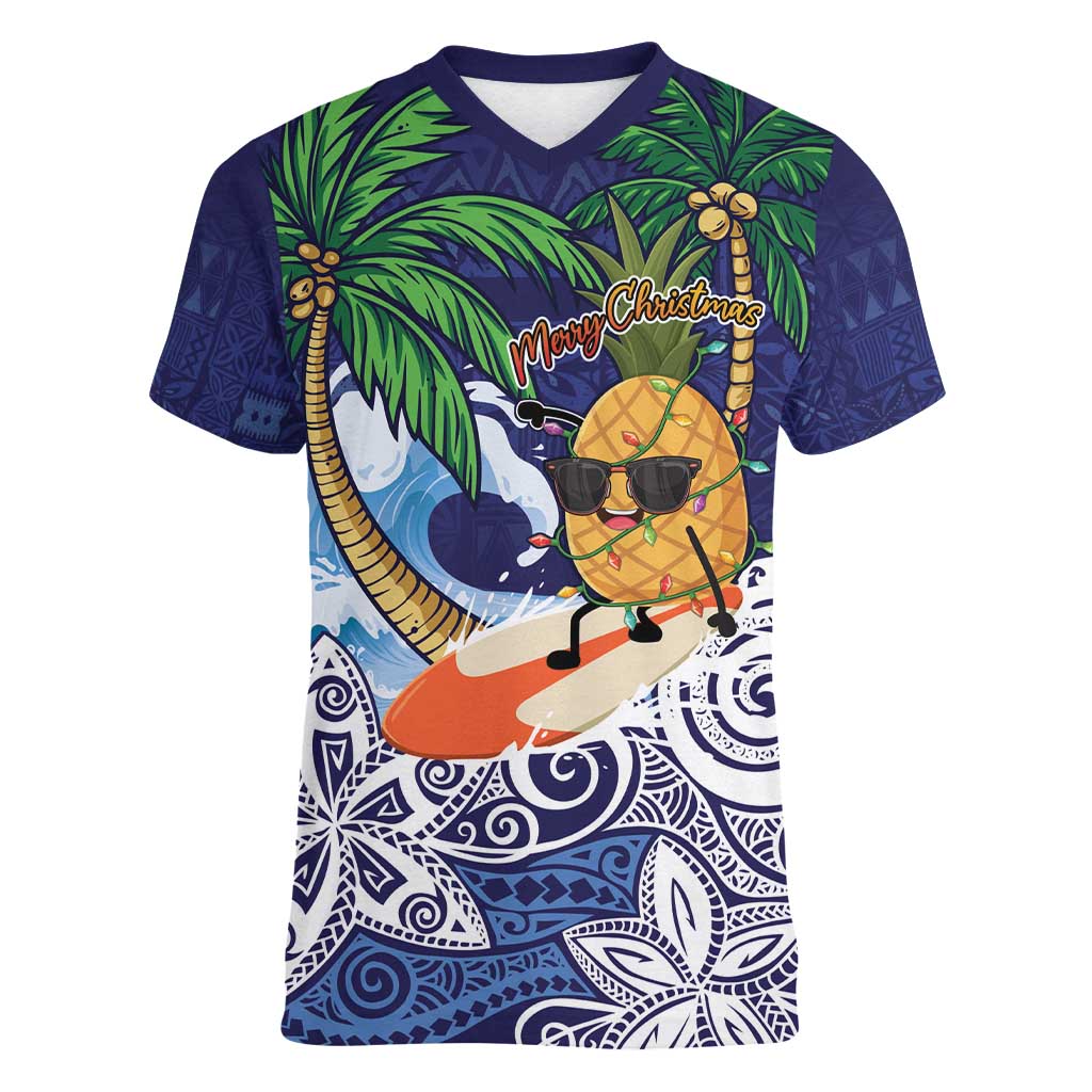 Tropical Christmas Polynesian Women V-Neck T-Shirt Funny Surfing Pineapple Blue LT7 Female Blue - Polynesian Pride