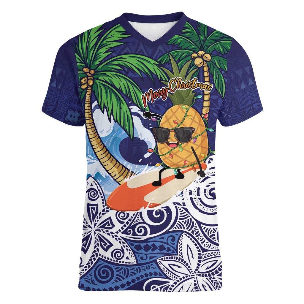 Tropical Christmas Polynesian Women V-Neck T-Shirt Funny Surfing Pineapple Blue