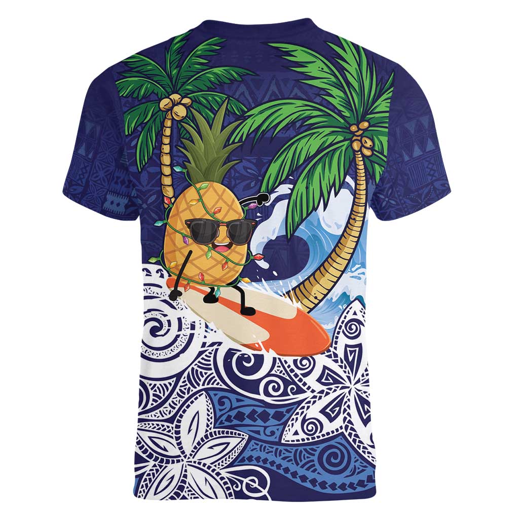 Tropical Christmas Polynesian Women V-Neck T-Shirt Funny Surfing Pineapple Blue LT7 - Polynesian Pride