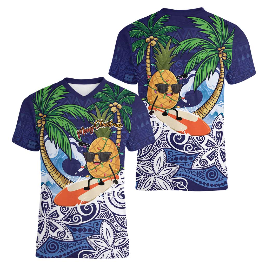 Tropical Christmas Polynesian Women V-Neck T-Shirt Funny Surfing Pineapple Blue LT7 - Polynesian Pride
