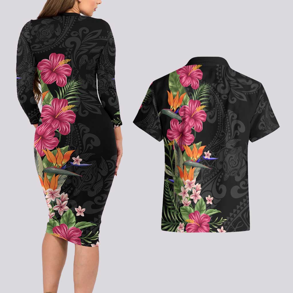 Hawaii Flowers Tribal Pattern Couple Long Sleeve Bodycon Dress and Hawaiian Shirt LT9 - Polynesian Pride