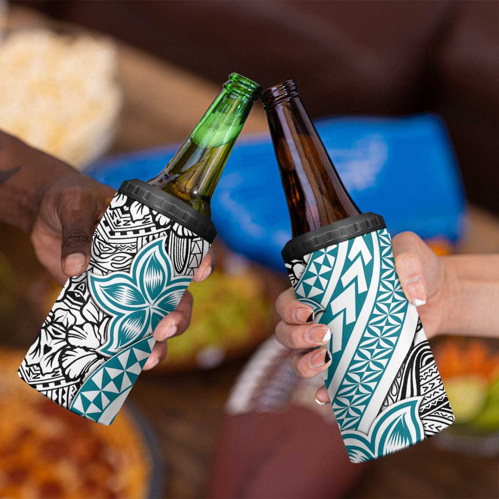 Turquoise Traditional Polynesian Tribal Tattoo Retro 4 in 1 Can Cooler Tumbler