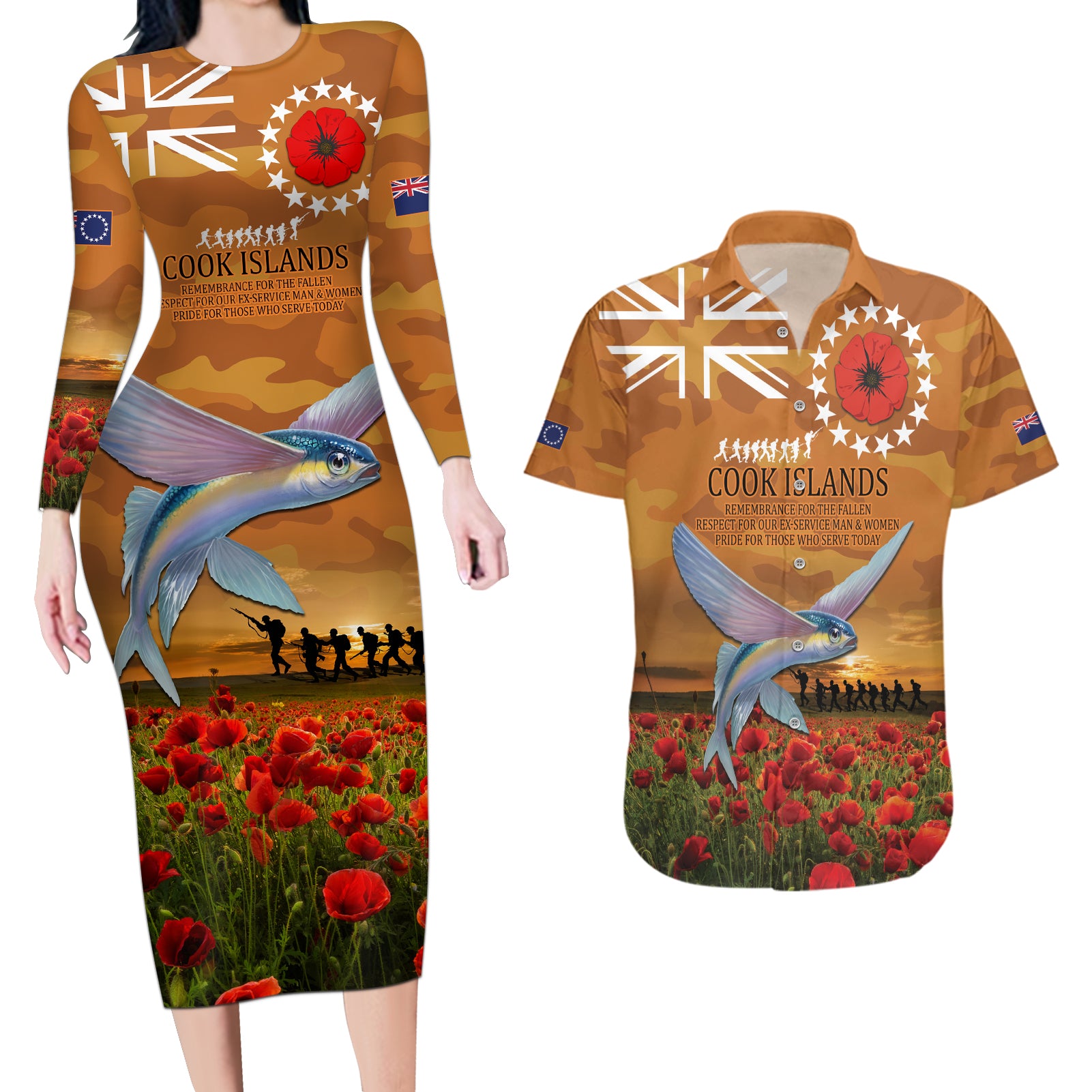 Cook Islands ANZAC Day Personalised Couples Matching Long Sleeve Bodycon Dress and Hawaiian Shirt with Poppy Field LT9 Art - Polynesian Pride