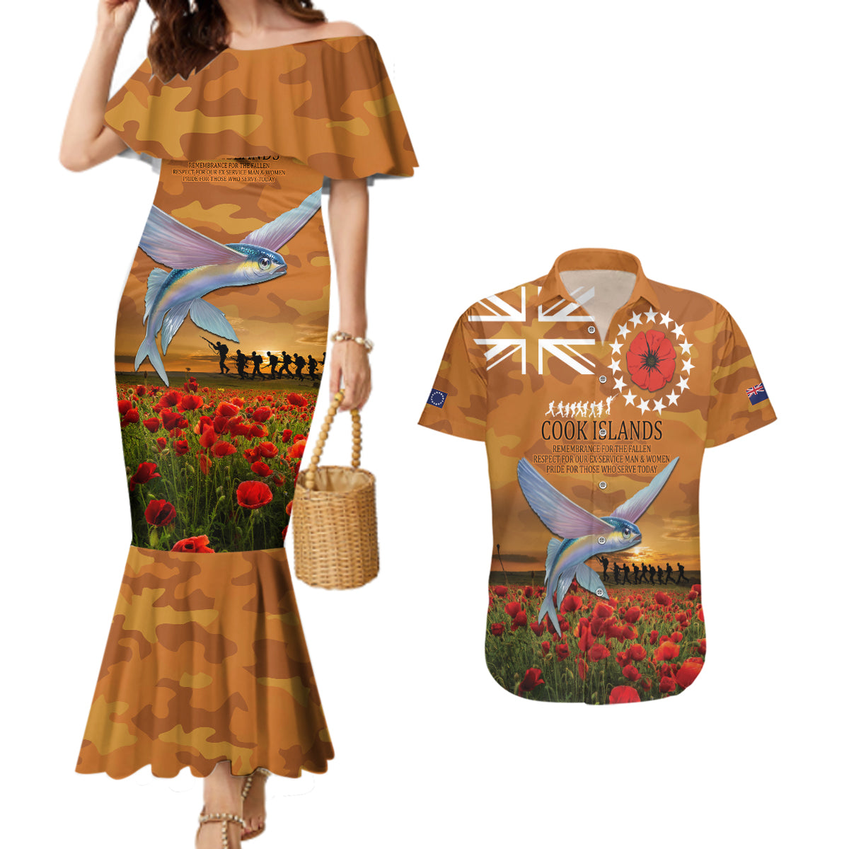 Cook Islands ANZAC Day Personalised Couples Matching Mermaid Dress and Hawaiian Shirt with Poppy Field LT9 Art - Polynesian Pride