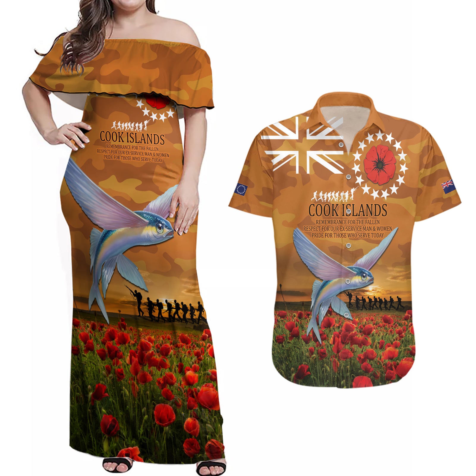 Cook Islands ANZAC Day Personalised Couples Matching Off Shoulder Maxi Dress and Hawaiian Shirt with Poppy Field LT9 Art - Polynesian Pride