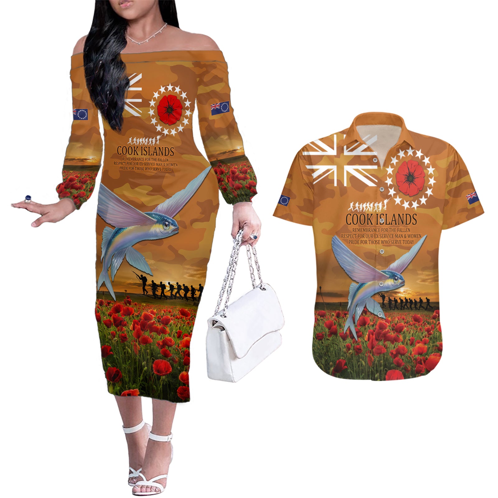 Cook Islands ANZAC Day Personalised Couples Matching Off The Shoulder Long Sleeve Dress and Hawaiian Shirt with Poppy Field LT9 Art - Polynesian Pride